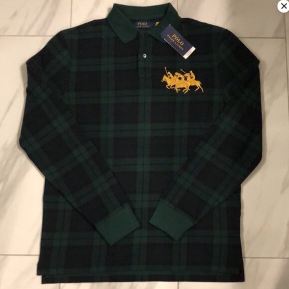 Polo Ralph Lauren Men's Green Plaid Cotton Mesh Polo Shirt Big Pony Logo NWT L